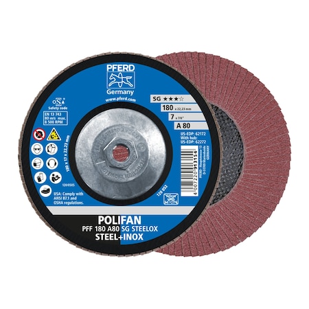 Pferd 7" x 5/8-11 Thd. POLIFAN Flap Disc - A SG STEELOX, Aluminum oxide, 80 Grit, Conical 62272